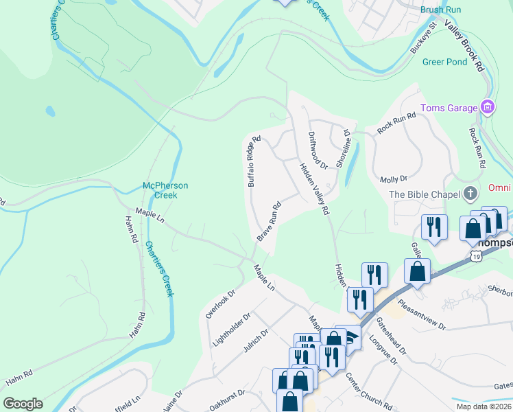 map of restaurants, bars, coffee shops, grocery stores, and more near 329 Buffalo Ridge Road in Canonsburg