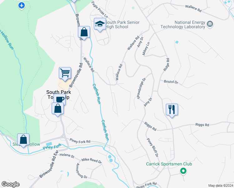 map of restaurants, bars, coffee shops, grocery stores, and more near 250 Hidden Ridge Court in South Park Township