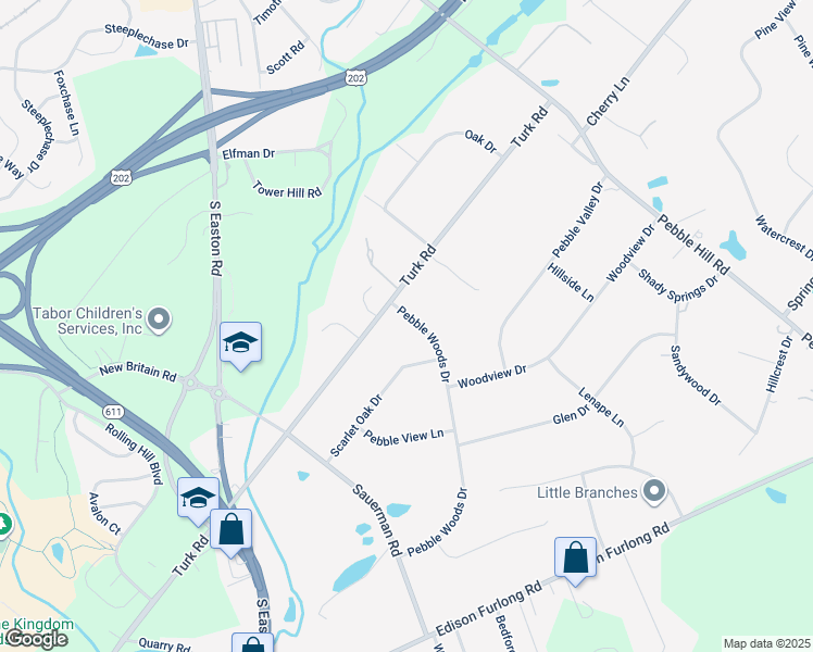 map of restaurants, bars, coffee shops, grocery stores, and more near 19 Pebble Woods Drive in Doylestown