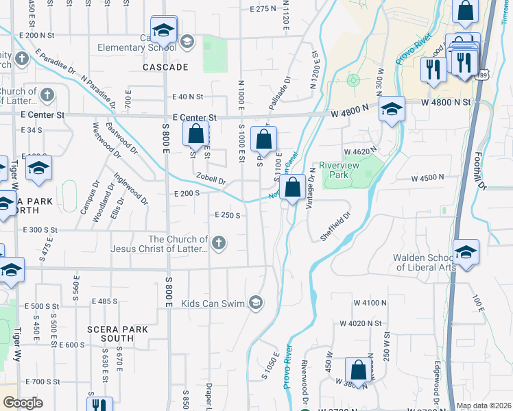 map of restaurants, bars, coffee shops, grocery stores, and more near 250 South Palisade Drive in Orem