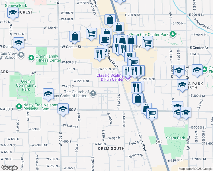 map of restaurants, bars, coffee shops, grocery stores, and more near 91 West 220 South Street in Orem