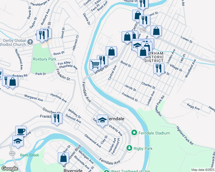 map of restaurants, bars, coffee shops, grocery stores, and more near 11 Cleveland Street in Johnstown