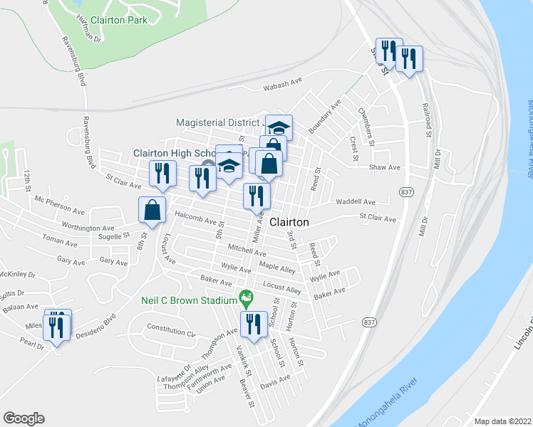map of restaurants, bars, coffee shops, grocery stores, and more near 320 Waddell Avenue in Clairton