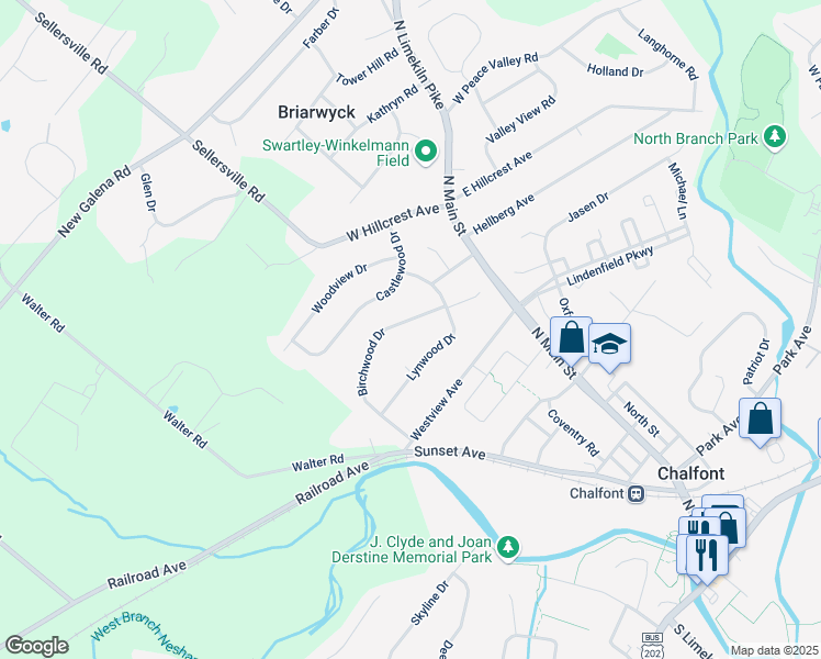 map of restaurants, bars, coffee shops, grocery stores, and more near 97 Birchwood Drive in Chalfont