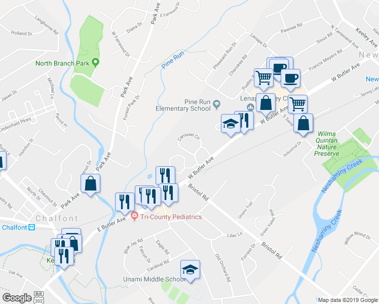 map of restaurants, bars, coffee shops, grocery stores, and more near 1 Carousel Circle in New Britain