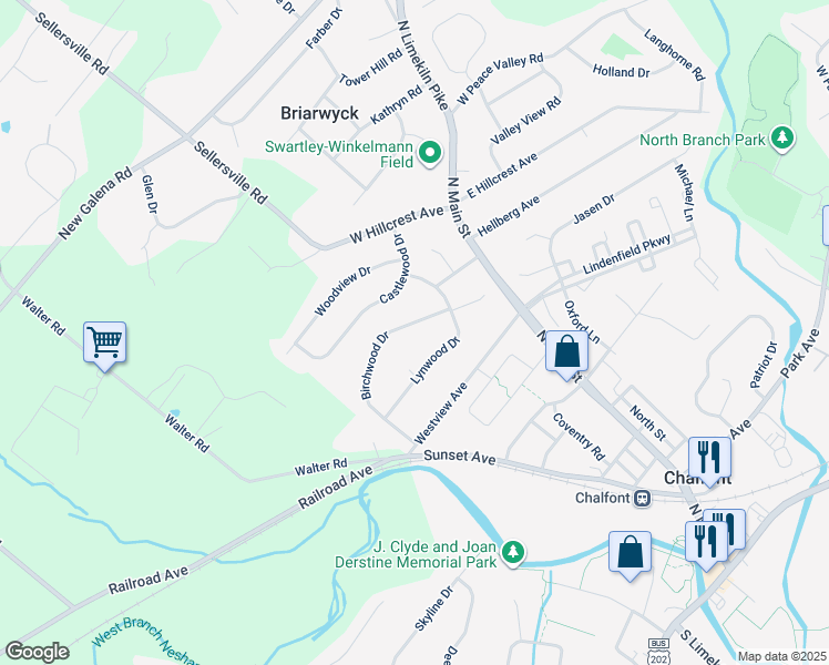 map of restaurants, bars, coffee shops, grocery stores, and more near 92 Birchwood Drive in Chalfont