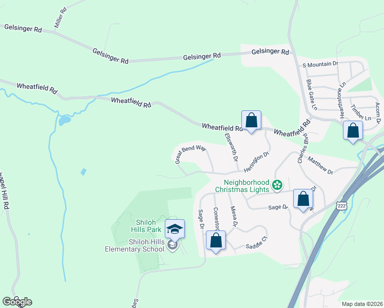 map of restaurants, bars, coffee shops, grocery stores, and more near 117 Great Bend Way in Sinking Spring