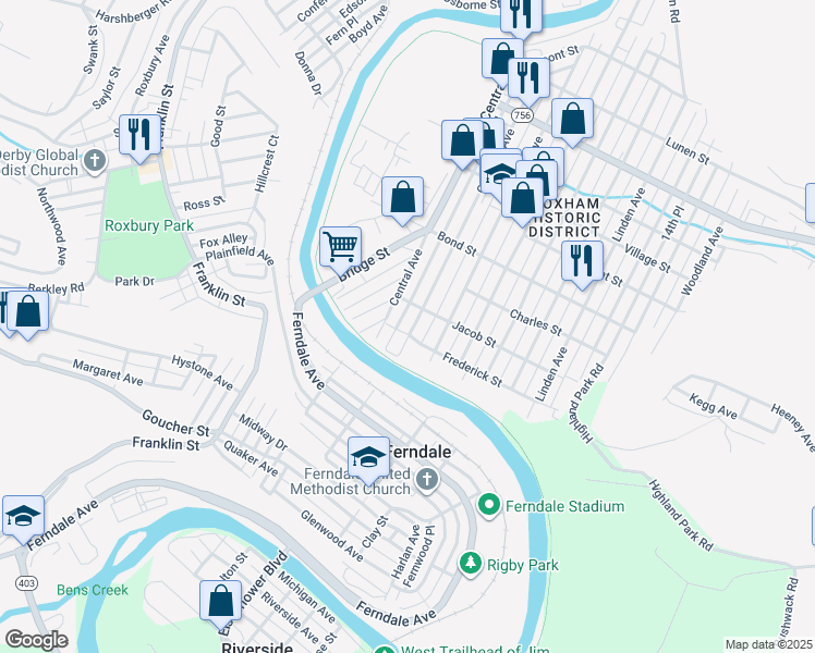 map of restaurants, bars, coffee shops, grocery stores, and more near 825 Coleman Avenue in Johnstown