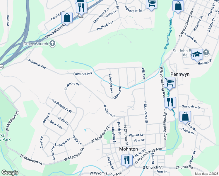 map of restaurants, bars, coffee shops, grocery stores, and more near 611 Leininger Avenue in Mohnton