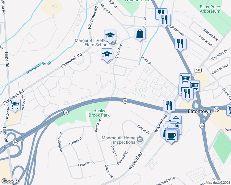 map of restaurants, bars, coffee shops, grocery stores, and more near 137 Grant Avenue in Eatontown
