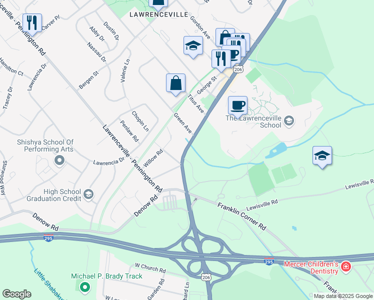 map of restaurants, bars, coffee shops, grocery stores, and more near 2500 Lawrenceville Road in Lawrence Township