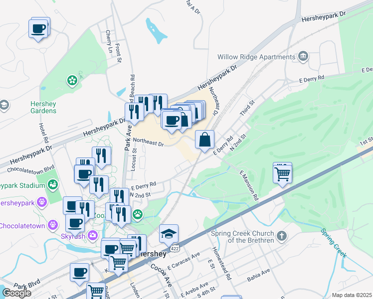 map of restaurants, bars, coffee shops, grocery stores, and more near 50 Northeast Drive in Hershey