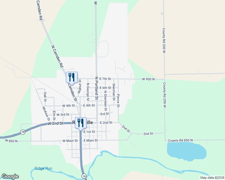 map of restaurants, bars, coffee shops, grocery stores, and more near 409 Sherman Street in Ridgeville