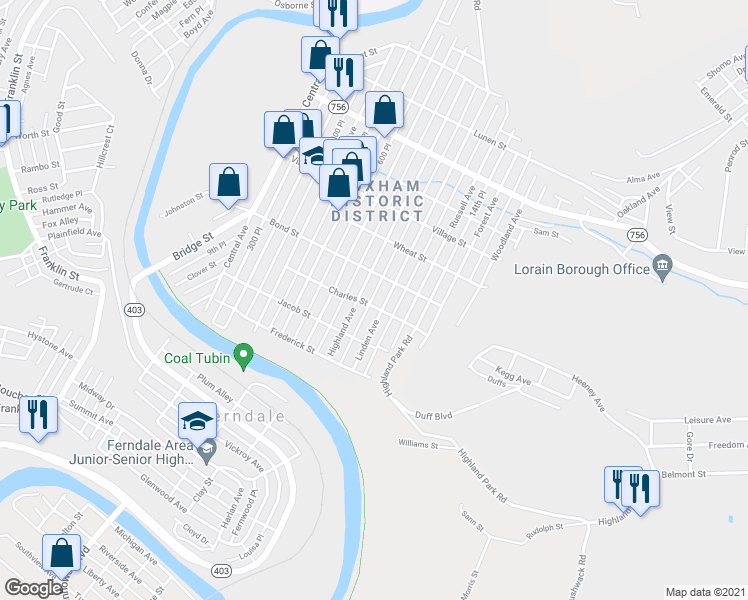 map of restaurants, bars, coffee shops, grocery stores, and more near 725 Linden Avenue in Johnstown