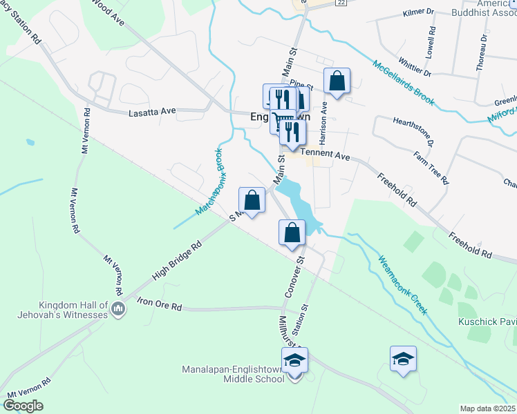 map of restaurants, bars, coffee shops, grocery stores, and more near 3 Main Street in Englishtown