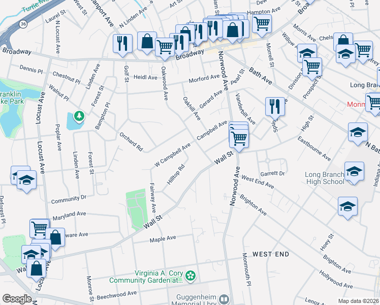 map of restaurants, bars, coffee shops, grocery stores, and more near 2 Hilltop Road in West Long Branch