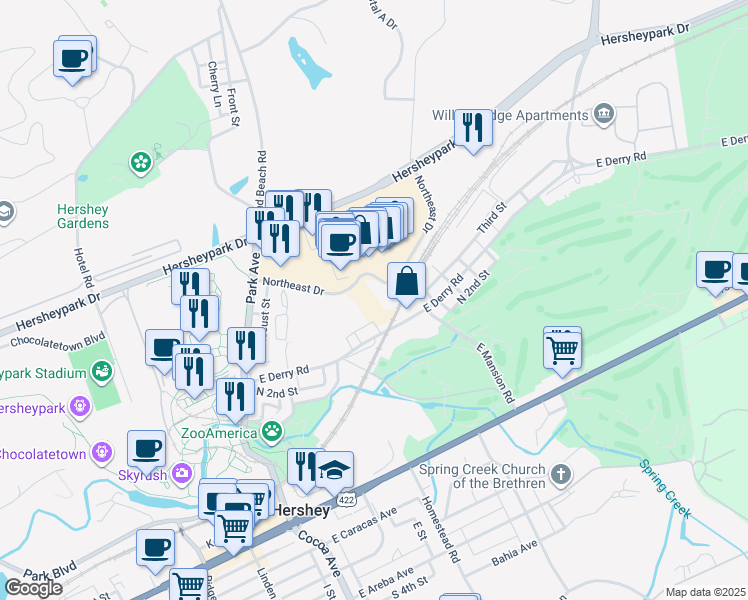 map of restaurants, bars, coffee shops, grocery stores, and more near 50 Northeast Drive in Hershey