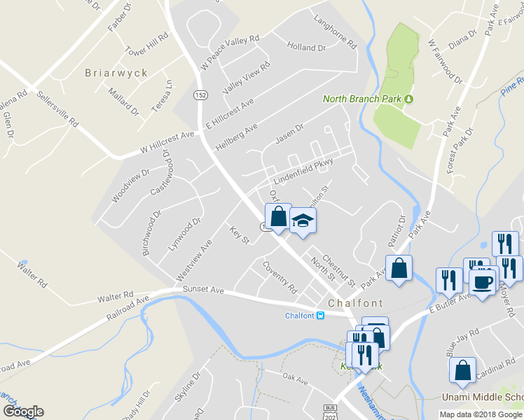 map of restaurants, bars, coffee shops, grocery stores, and more near 349 North Main Street in Chalfont