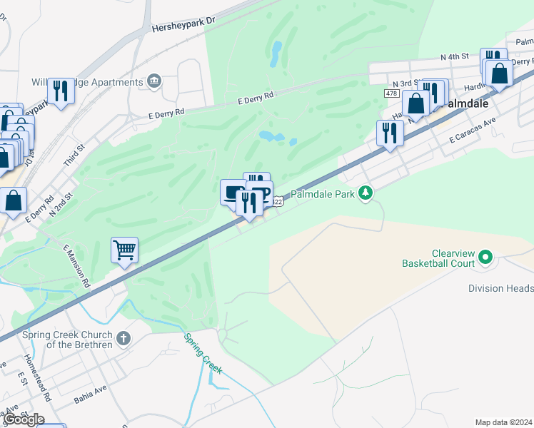 map of restaurants, bars, coffee shops, grocery stores, and more near 850 East Chocolate Avenue in Hershey