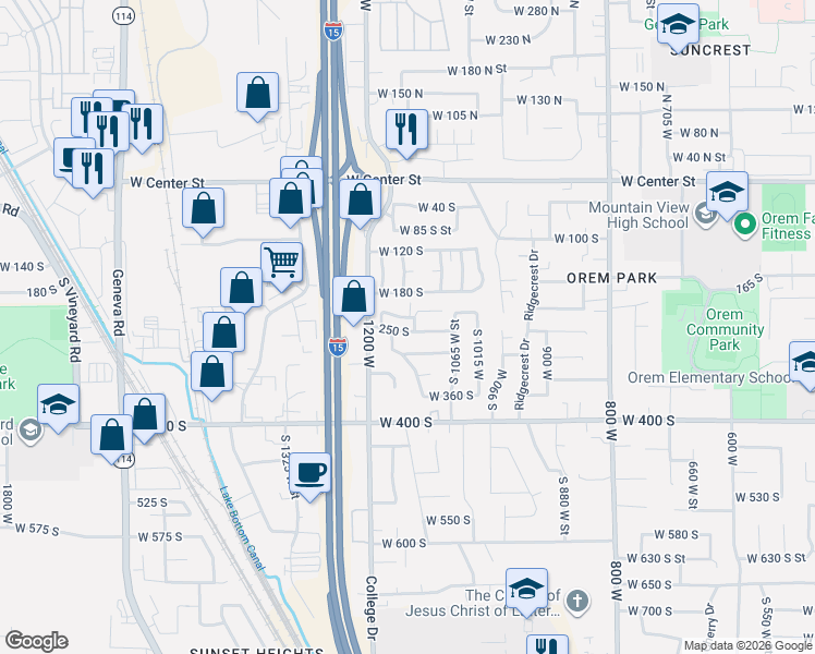 map of restaurants, bars, coffee shops, grocery stores, and more near 229 South 1120 West Street in Orem