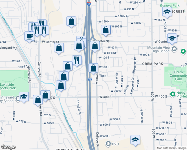 map of restaurants, bars, coffee shops, grocery stores, and more near 258 1200 West in Orem