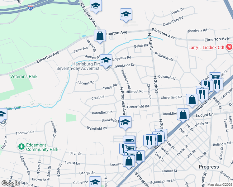 map of restaurants, bars, coffee shops, grocery stores, and more near 406 North Progress Avenue in Harrisburg