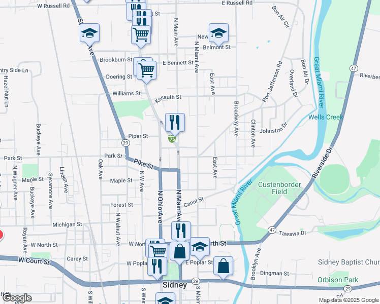 map of restaurants, bars, coffee shops, grocery stores, and more near 718-720 North Main Avenue in Sidney