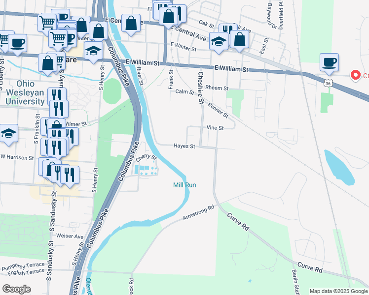 map of restaurants, bars, coffee shops, grocery stores, and more near 200 Hayes Street in Delaware