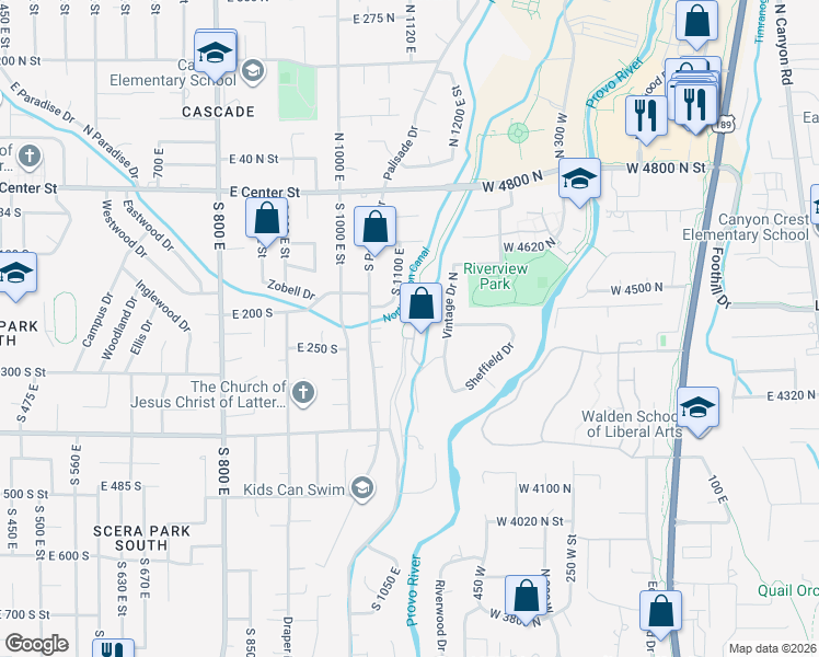 map of restaurants, bars, coffee shops, grocery stores, and more near 4417 Stafford Court in Provo