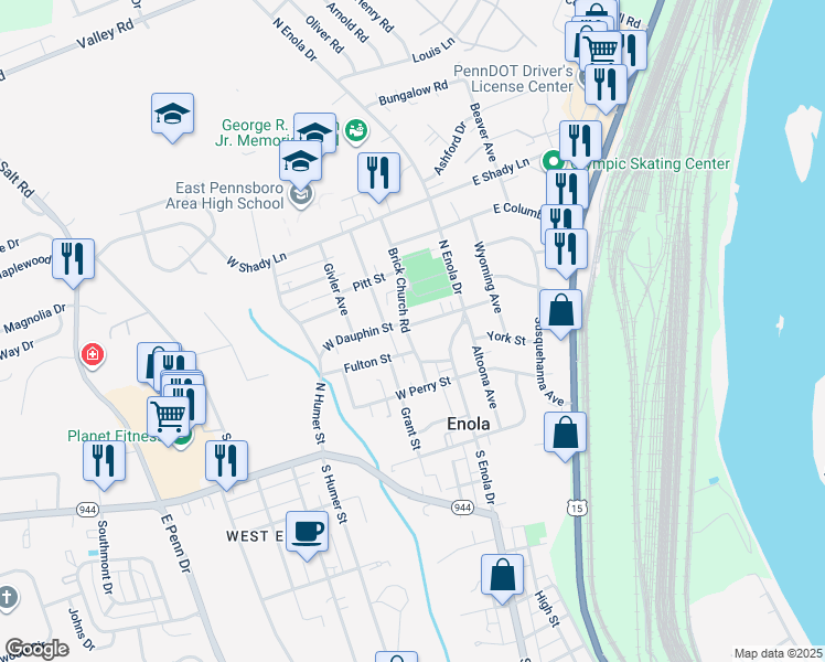 map of restaurants, bars, coffee shops, grocery stores, and more near 240 West Dauphin Street in Enola