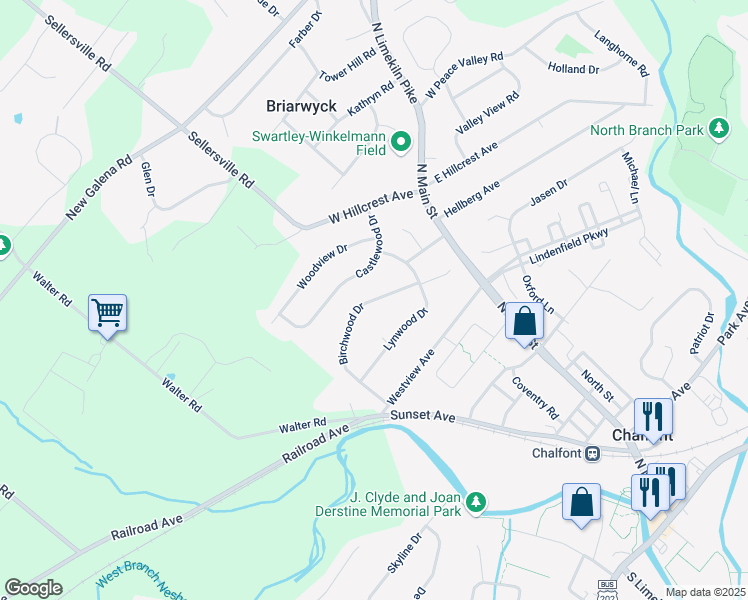 map of restaurants, bars, coffee shops, grocery stores, and more near 97 Birchwood Drive in Chalfont