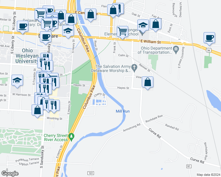 map of restaurants, bars, coffee shops, grocery stores, and more near 96 Hayes Street in Delaware