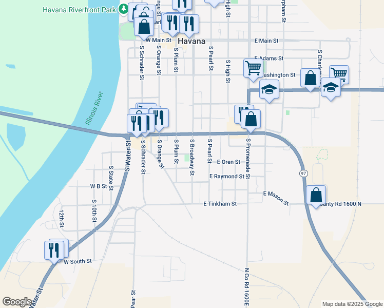 map of restaurants, bars, coffee shops, grocery stores, and more near 100 West 1st Street in Havana