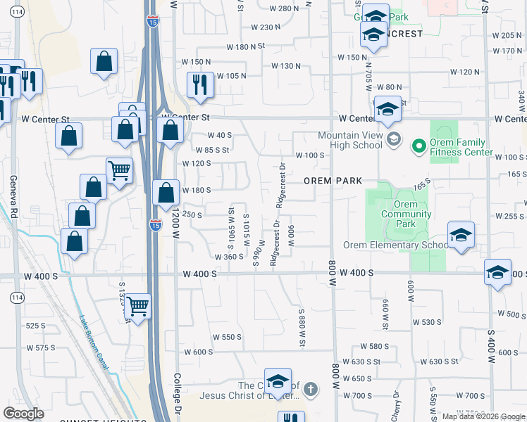 map of restaurants, bars, coffee shops, grocery stores, and more near 237 South Ridgeview Drive in Orem