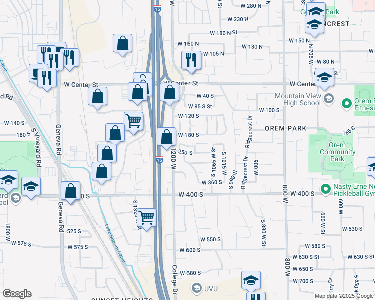 map of restaurants, bars, coffee shops, grocery stores, and more near 229 South 1120 West Street in Orem