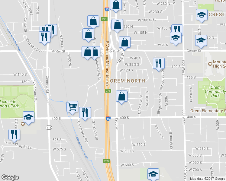 map of restaurants, bars, coffee shops, grocery stores, and more near 258 1200 West in Orem