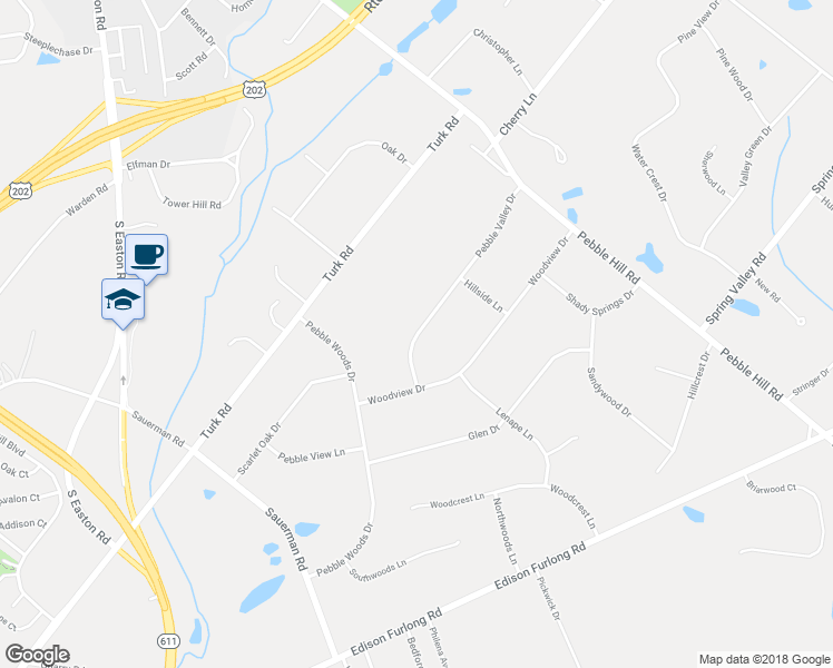 map of restaurants, bars, coffee shops, grocery stores, and more near 114 Pebble Valley Drive in Doylestown