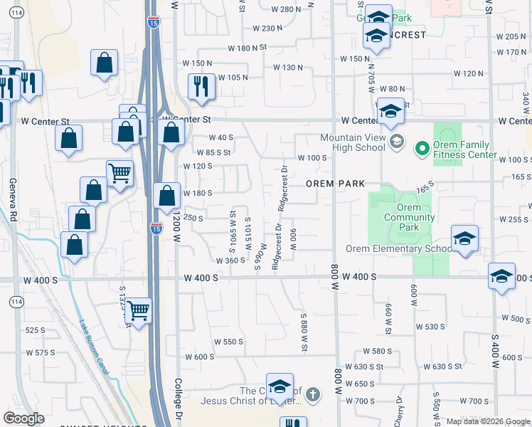 map of restaurants, bars, coffee shops, grocery stores, and more near 229 South Ridgeview Drive in Orem