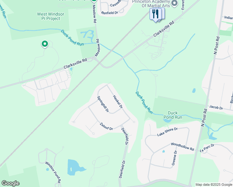 map of restaurants, bars, coffee shops, grocery stores, and more near 18 Haskel Drive in West Windsor Township
