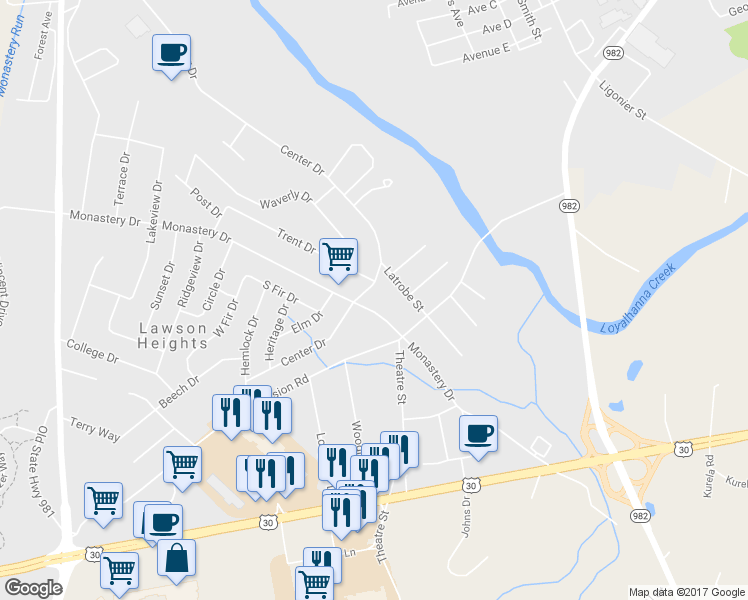 map of restaurants, bars, coffee shops, grocery stores, and more near 1414 Monastery Drive in Latrobe
