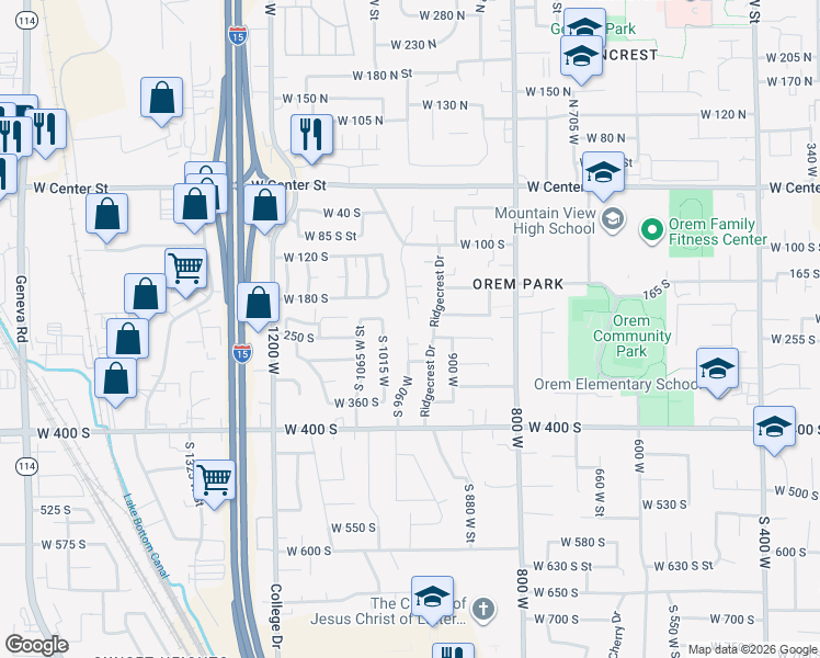 map of restaurants, bars, coffee shops, grocery stores, and more near 229 South Ridgeview Drive in Orem