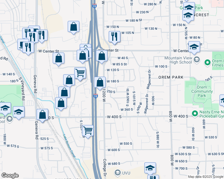 map of restaurants, bars, coffee shops, grocery stores, and more near 229 South 1120 West Street in Orem