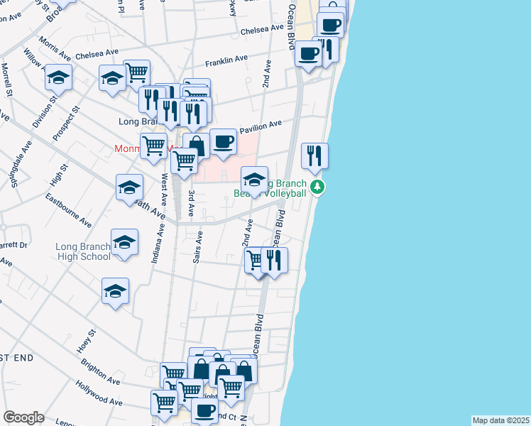 map of restaurants, bars, coffee shops, grocery stores, and more near 70 North Bath Avenue in Long Branch