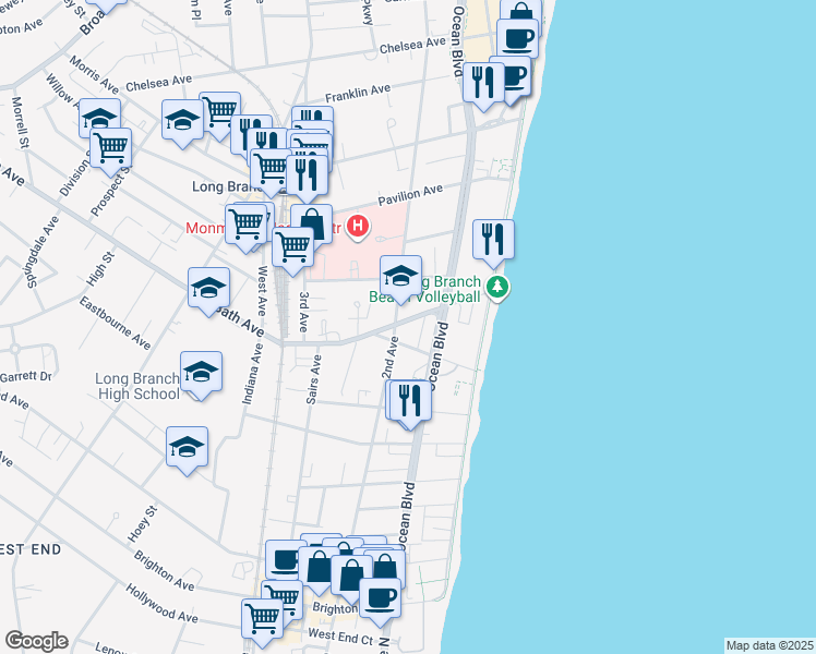 map of restaurants, bars, coffee shops, grocery stores, and more near 70 North Bath Avenue in Long Branch