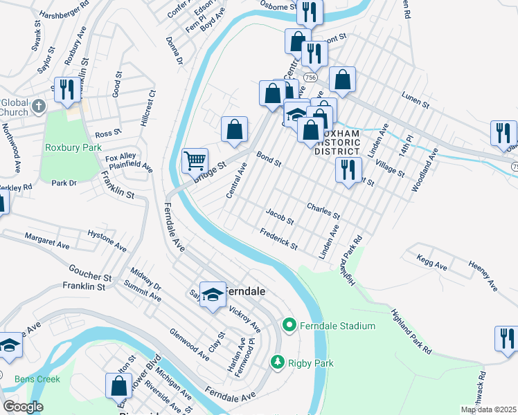 map of restaurants, bars, coffee shops, grocery stores, and more near 769 Park Avenue in Johnstown