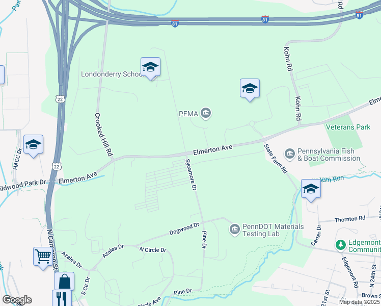 map of restaurants, bars, coffee shops, grocery stores, and more near 1318 Elmerton Avenue in Harrisburg