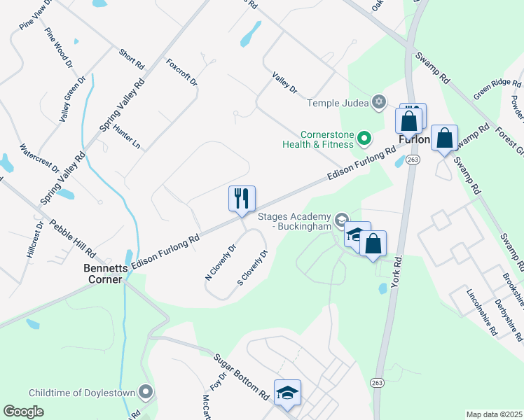 map of restaurants, bars, coffee shops, grocery stores, and more near 3257 Edison Furlong Road in Furlong
