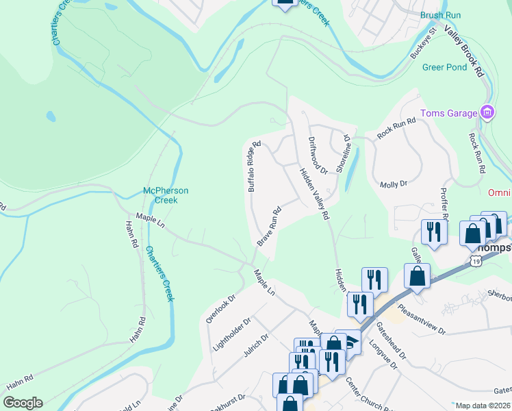 map of restaurants, bars, coffee shops, grocery stores, and more near 329 Buffalo Ridge Road in Canonsburg
