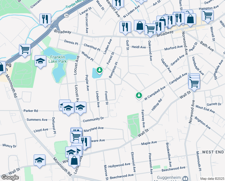 map of restaurants, bars, coffee shops, grocery stores, and more near 65 Bampton Pl in West Long Branch