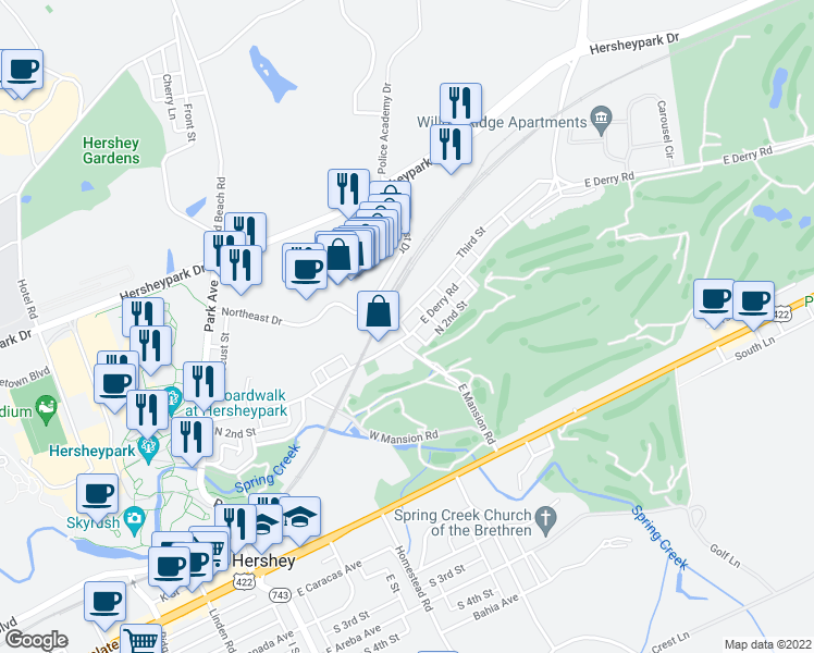 map of restaurants, bars, coffee shops, grocery stores, and more near 330 East Derry Road in Hershey